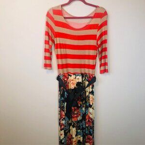12PM by Mon Ami Maxi Dress – Size M – Striped & Floral Print – Long Sleeve